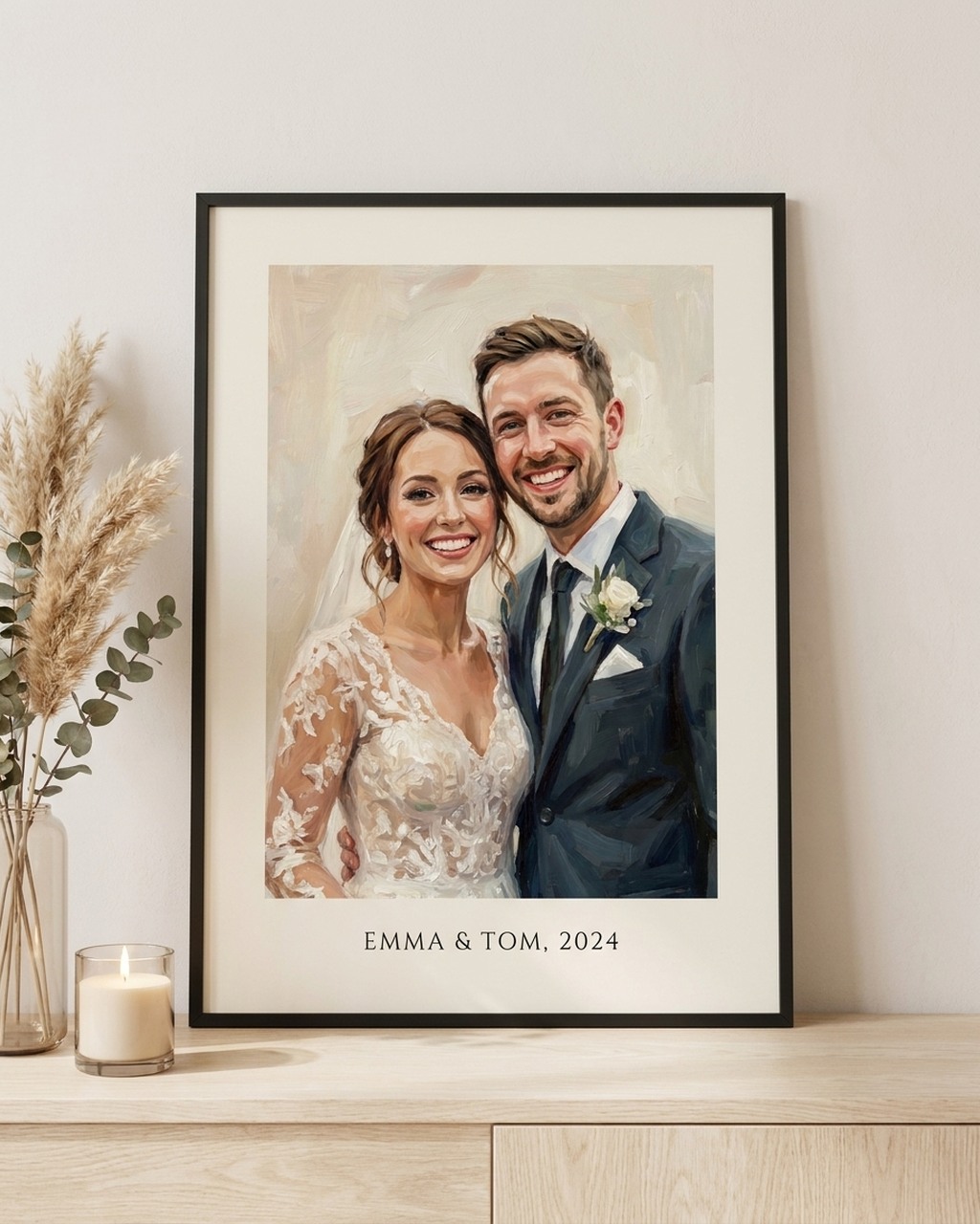 A painterly portrait of a bride and groom