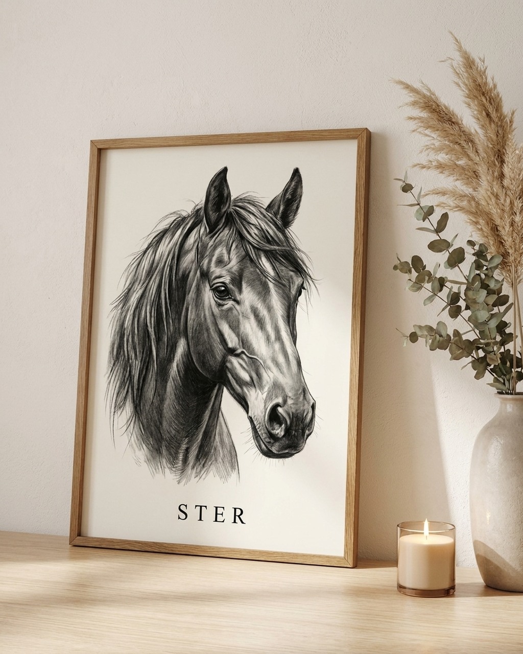 Paardenportret laten maken van je foto, ingelijst van een foto, voorbeeld van Dixels