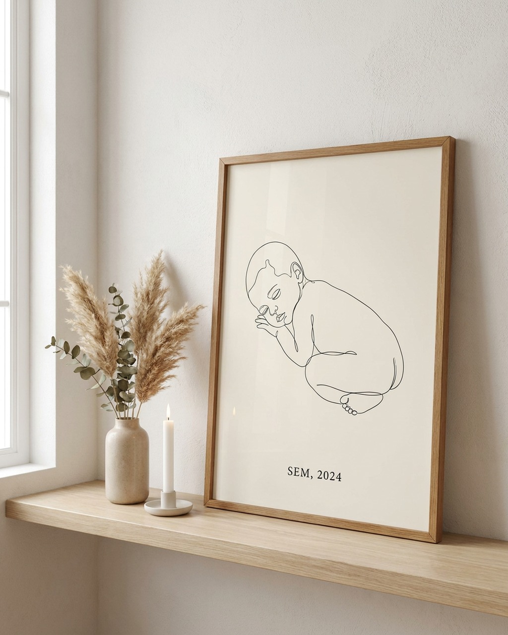Een newborn-lijntekening in een eiken lijst