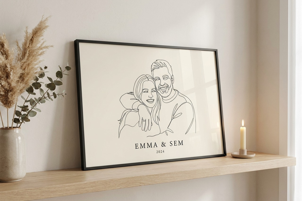 A one-line couple drawing, landscape