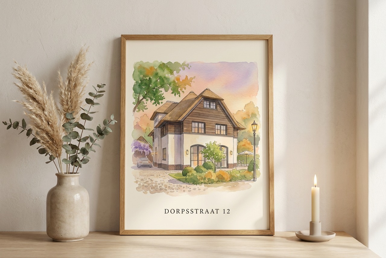Aquarel van je huis ingelijst | met adres