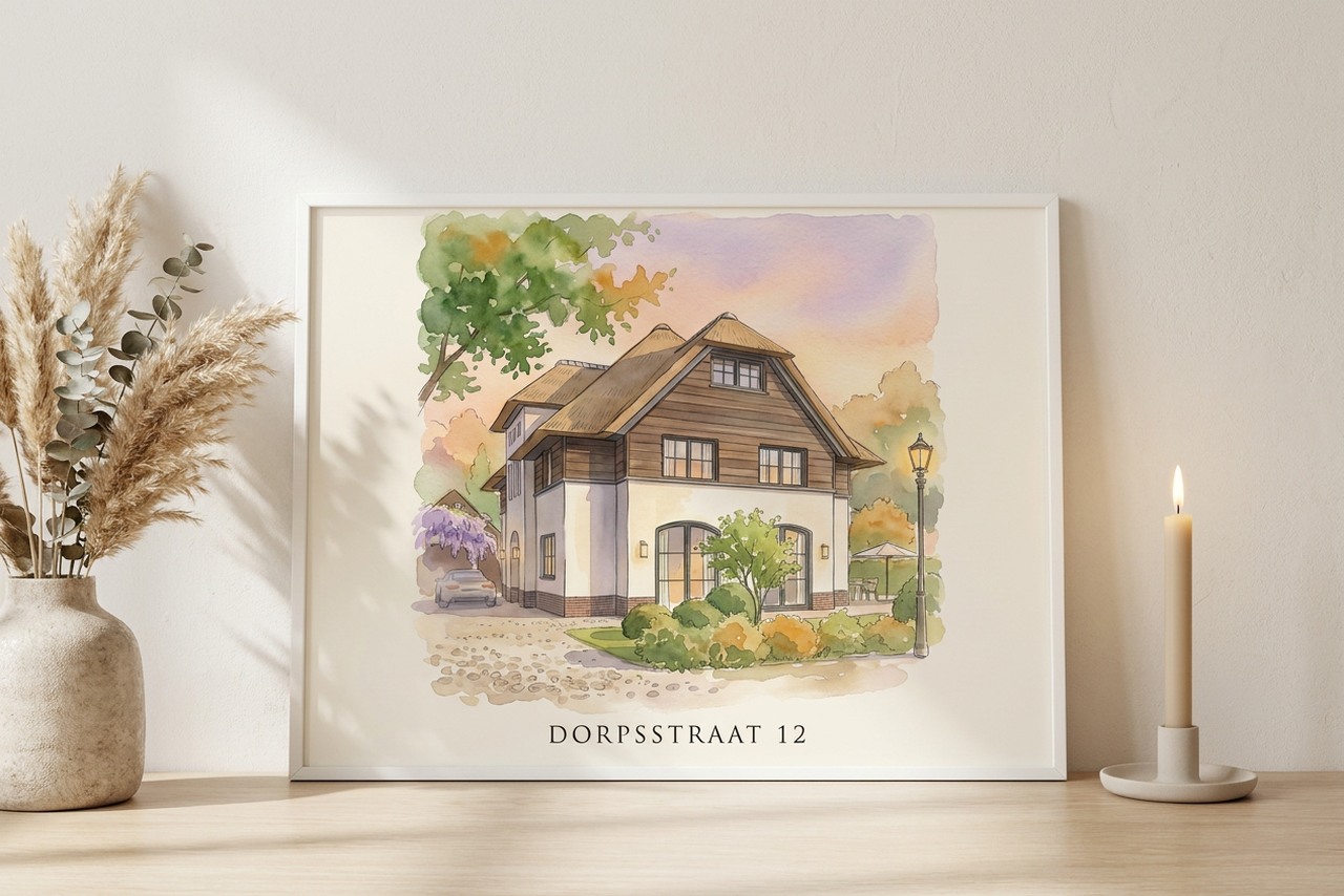 Huis tekening in aquarel als housewarming cadeau