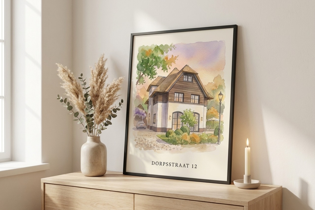 Huisportret in aquarel als poster met lijst