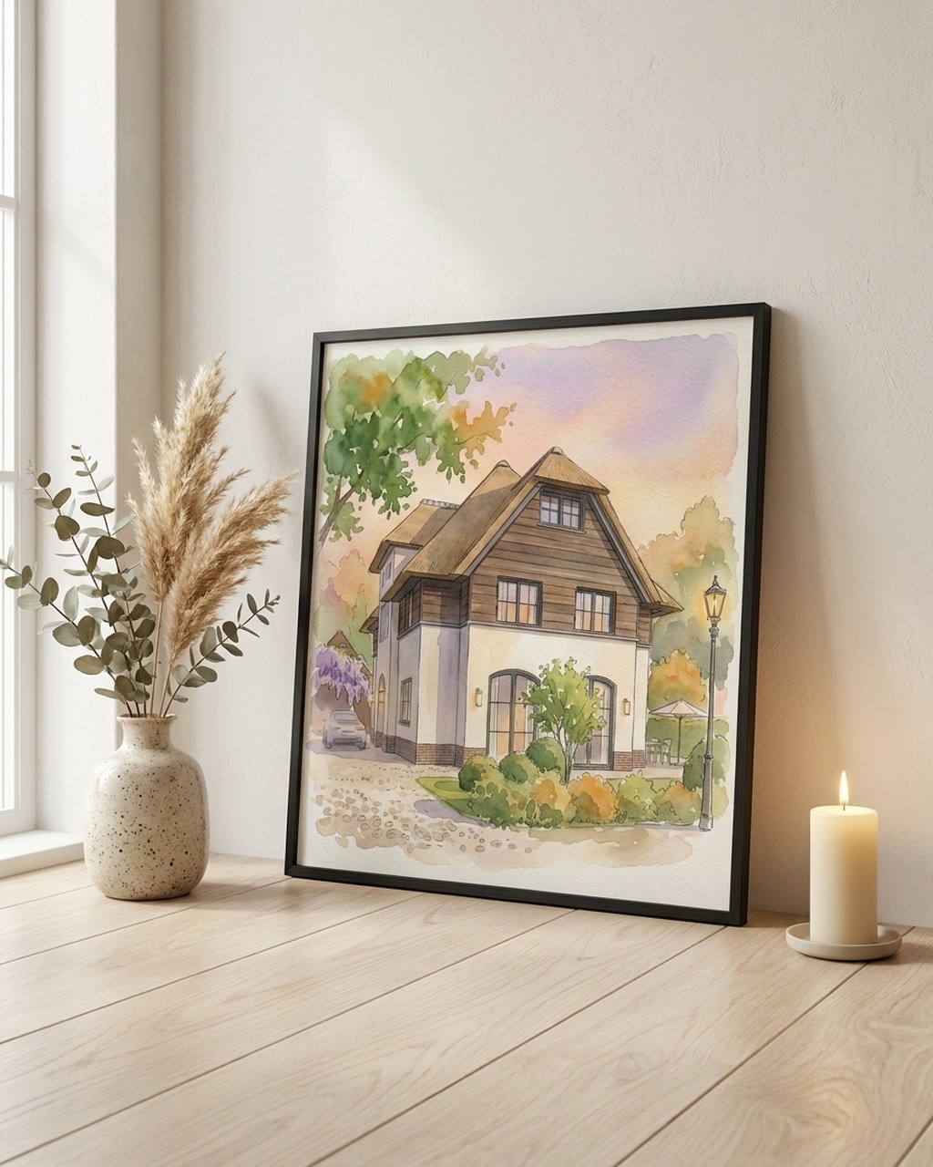 Huisportret in aquarel als poster met lijst