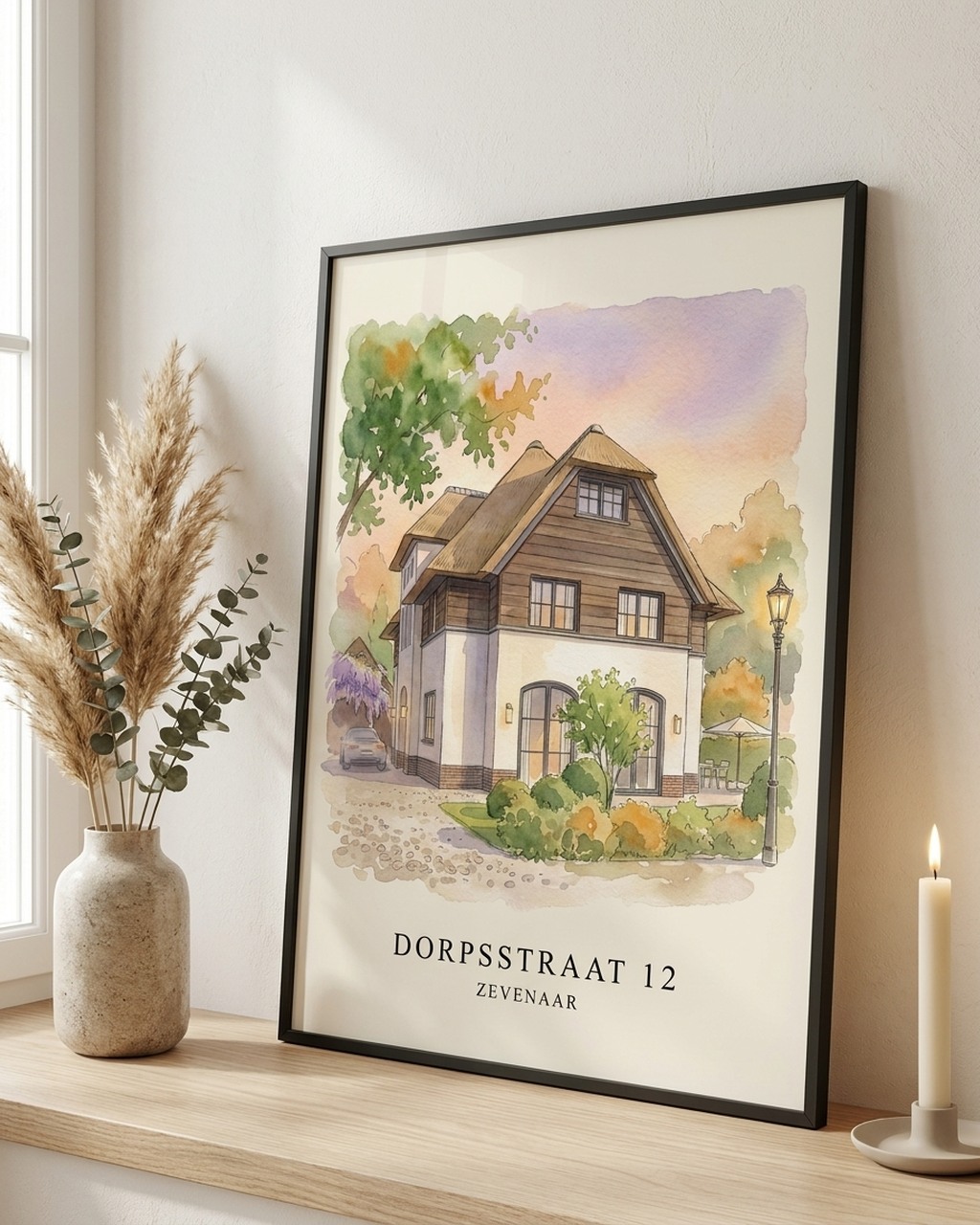 Huisportret in aquarel als poster met lijst