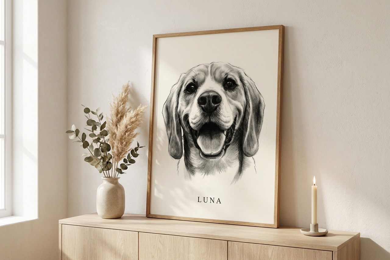 Houtskool portret van je hond of kat ingelijst