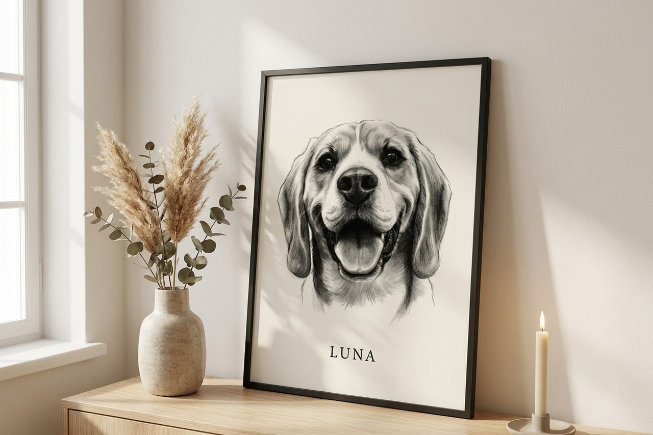 Houtskool huisdierportret als poster met lijst