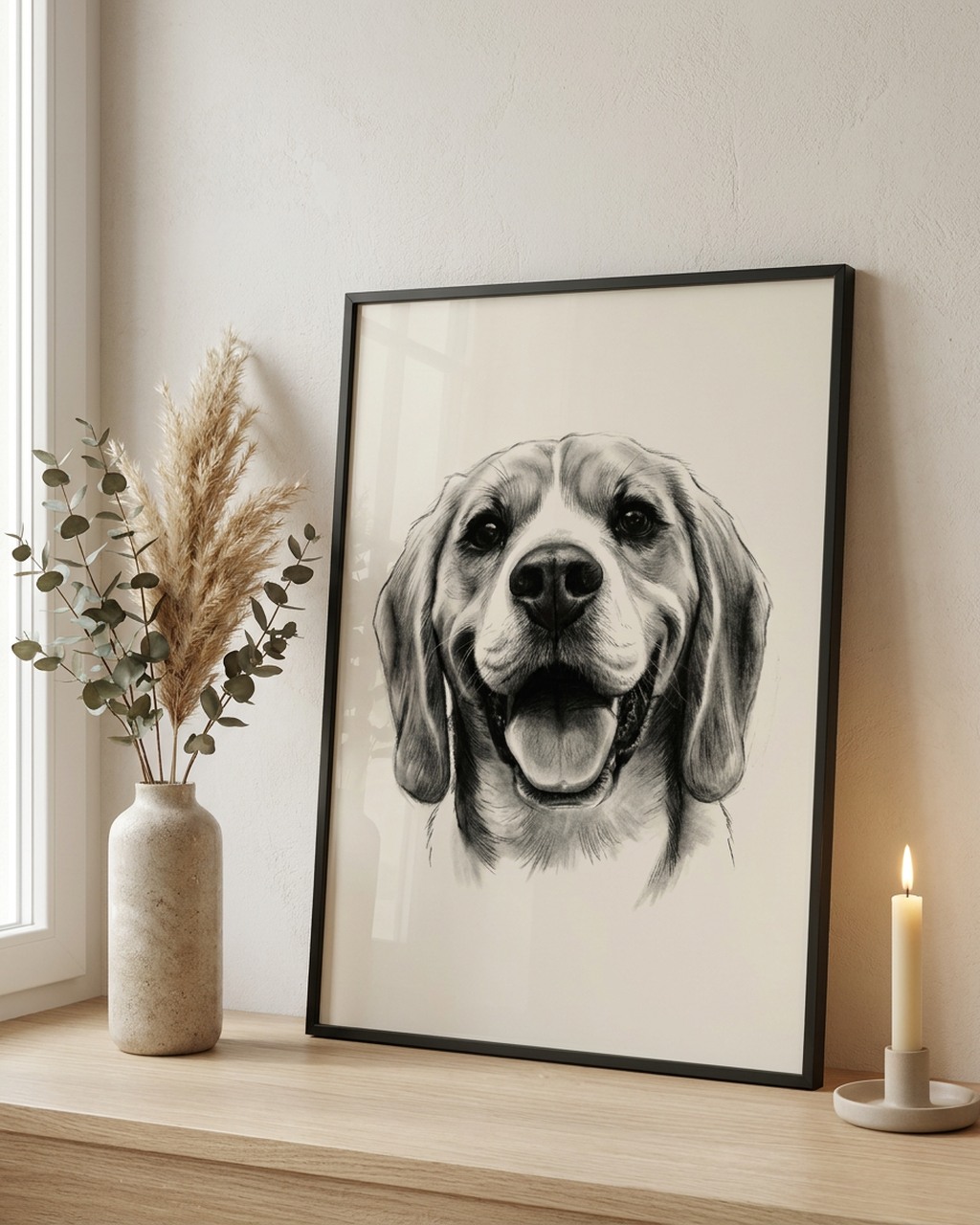 Houtskool huisdierportret als poster met lijst