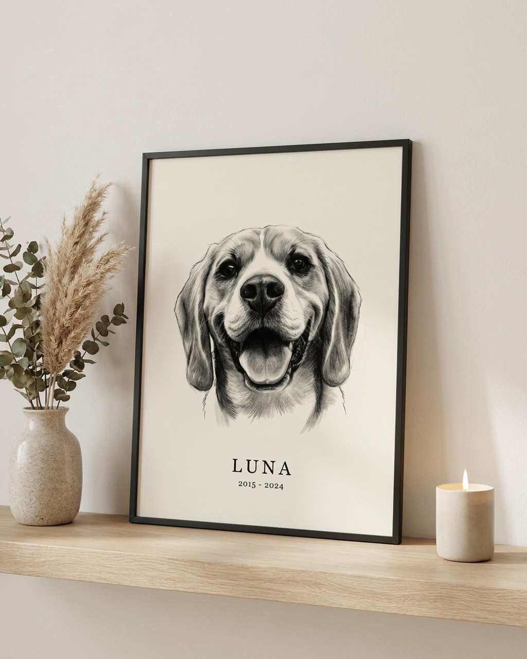 Houtskool huisdierportret als poster met lijst