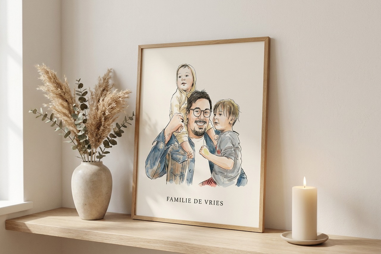 Inkt-aquarel familieportret ingelijst | het gezin