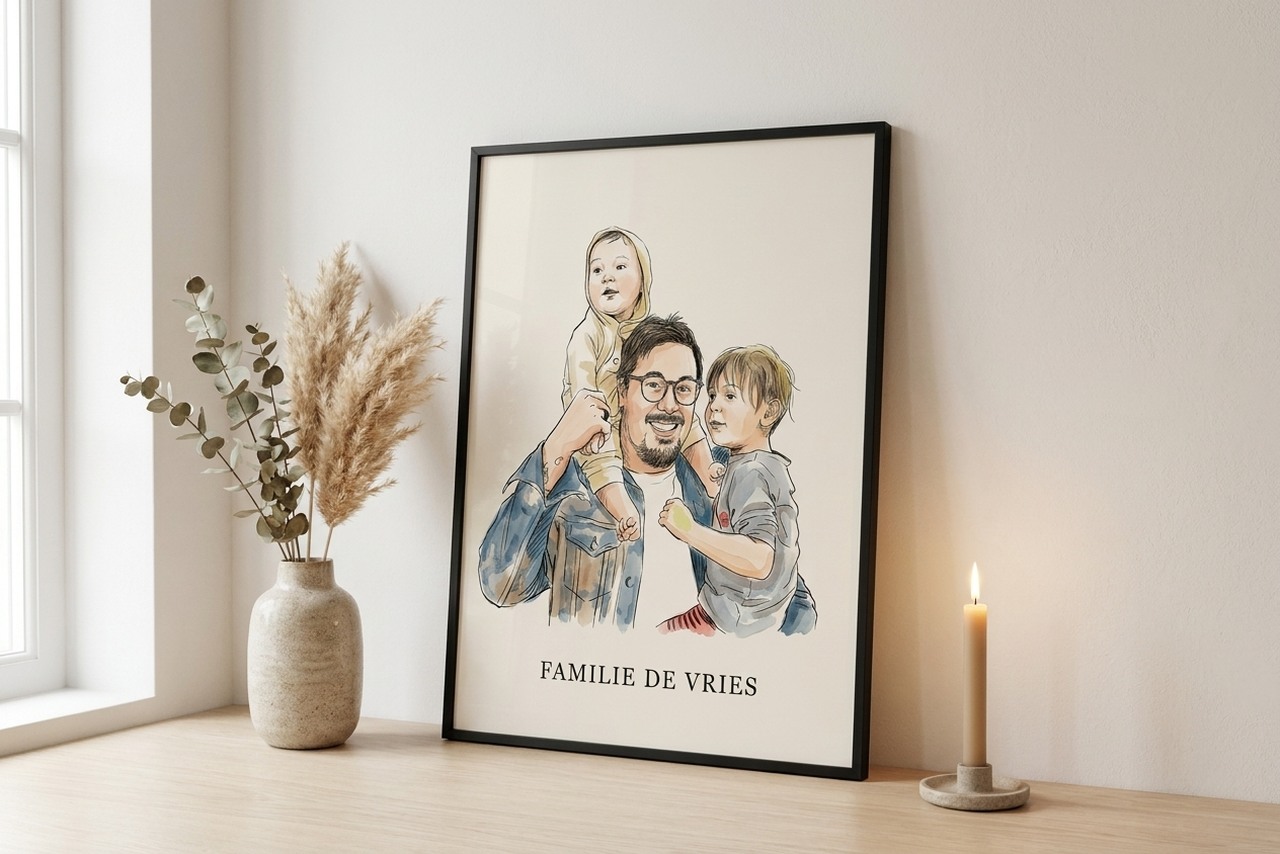 Familieportret in inkt en aquarel als poster met lijst