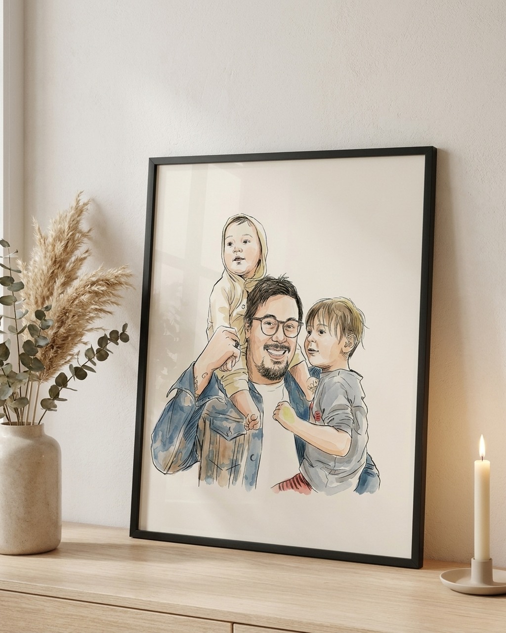 Familieportret in inkt en aquarel als poster met lijst