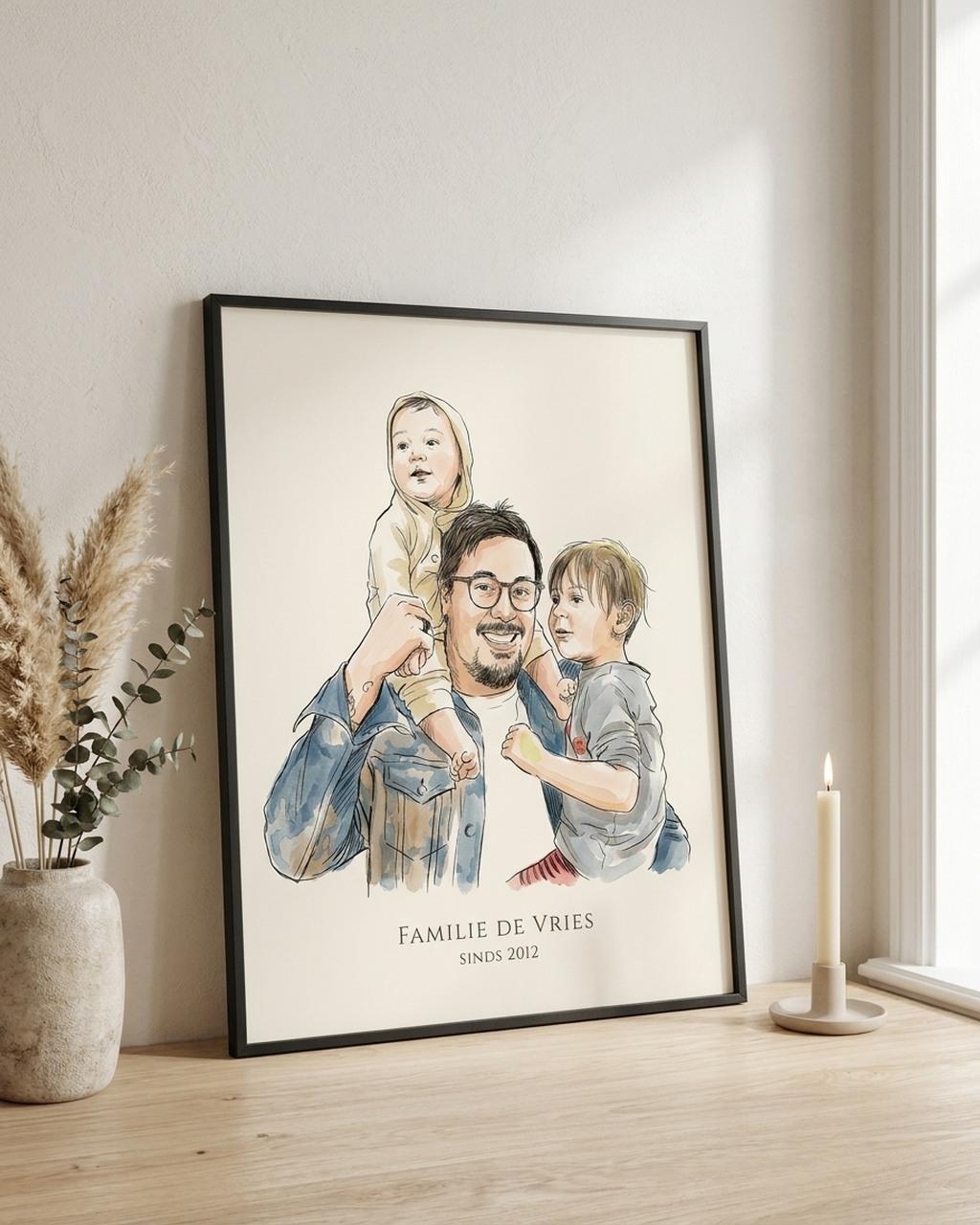 Familieportret in inkt en aquarel als poster met lijst