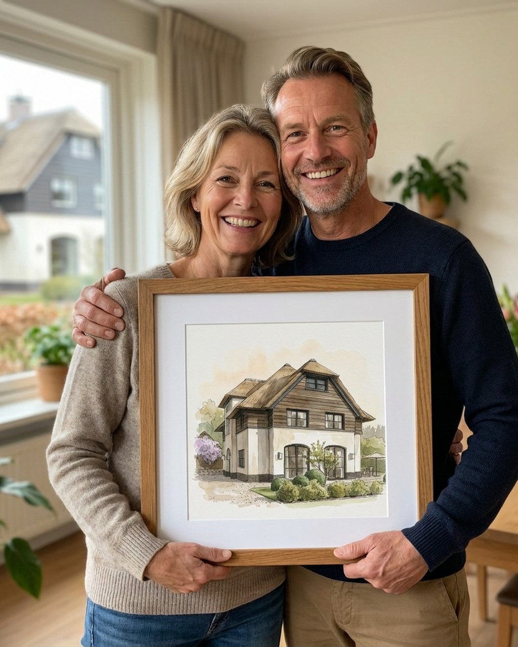 Aquarel portret met inktlijnen van je foto van een foto, voorbeeld van Dixels