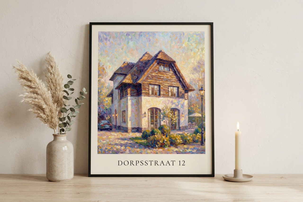 Impressionistisch huisportret als poster met lijst
