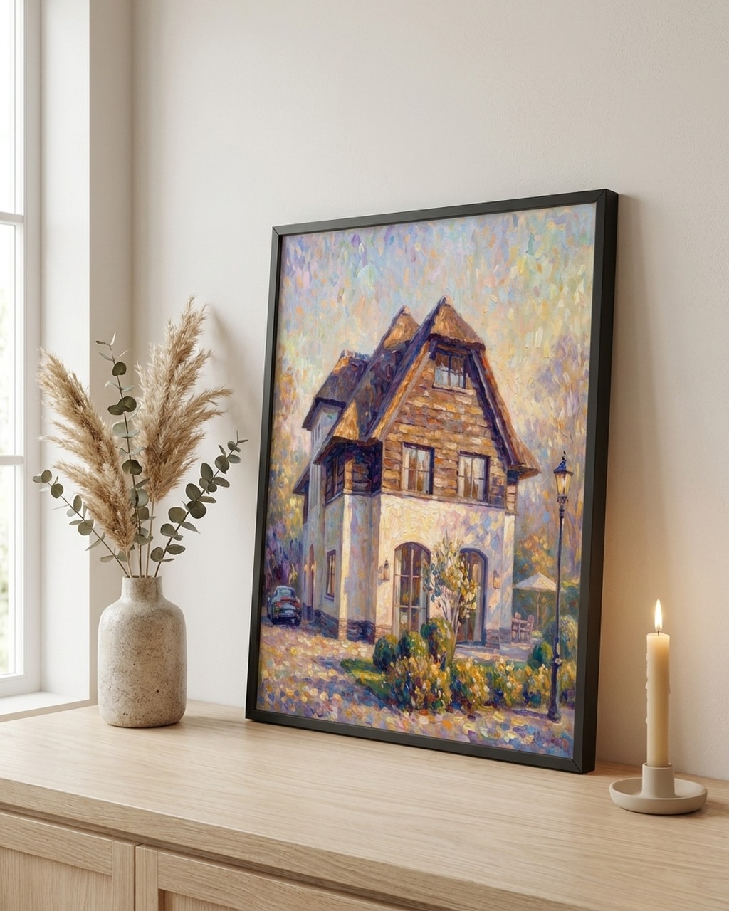 Impressionistisch huisportret als poster met lijst
