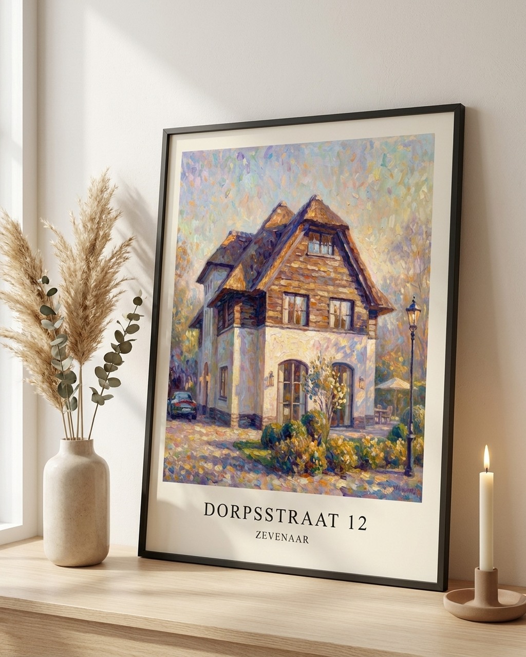 Impressionistisch huisportret als poster met lijst