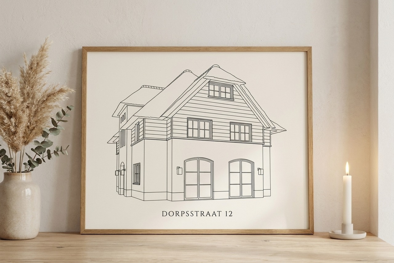 Huis tekening ingelijst van je foto | met adres