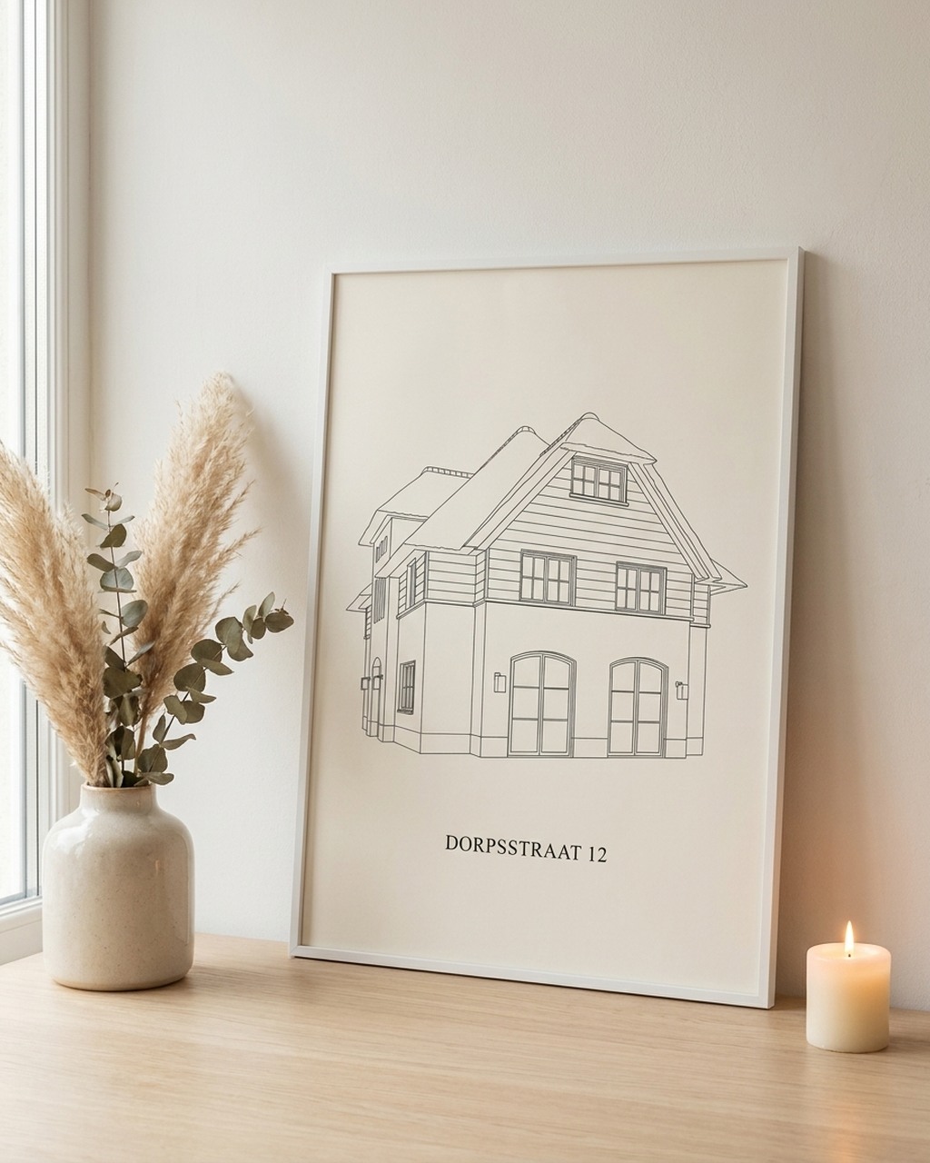 Lijntekening van je huis als persoonlijk cadeau van een foto, voorbeeld van Dixels