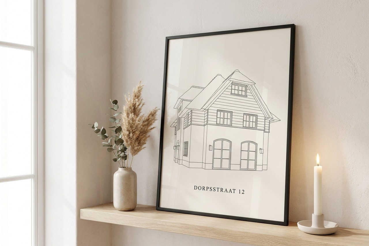 Lijntekening van je huis als poster met lijst