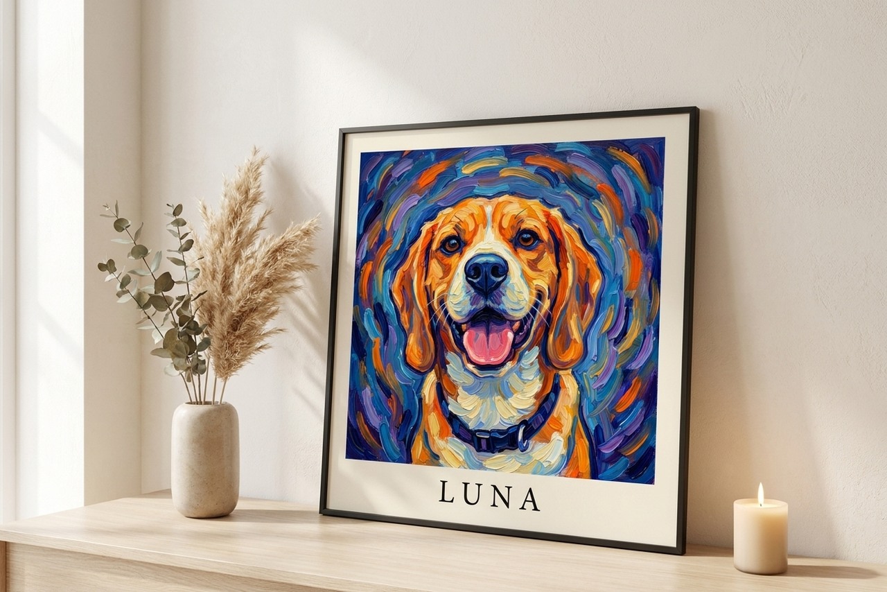 Expressief huisdierportret als poster met lijst