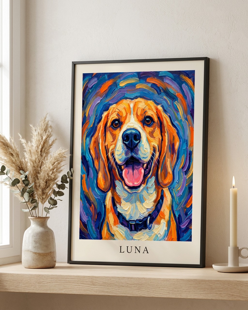 Expressief huisdierportret als poster met lijst
