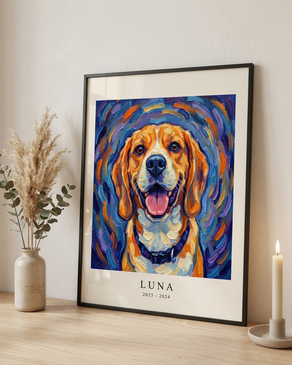 Expressief huisdierportret als poster met lijst