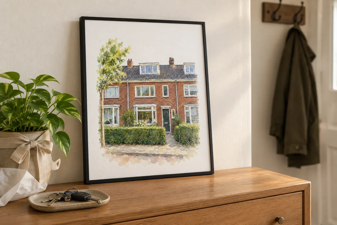 Voorbeeld: een ingelijst aquarel-huisportret op een houten dressoir in de hal, naast een sleutelbakje en een plant met strik