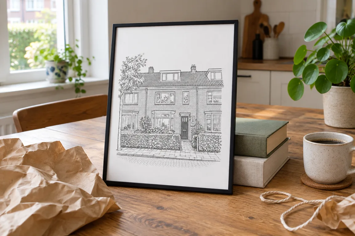 Voorbeeld: een uitgepakt ingelijst huisportret als lijntekening op een houten keukentafel, naast pakpapier en een kop koffie