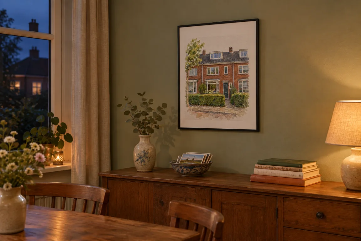 Voorbeeld: een ingelijst aquarel-huisportret in een zwarte lijst aan een groene muur boven een houten dressoir, in het licht van een lamp