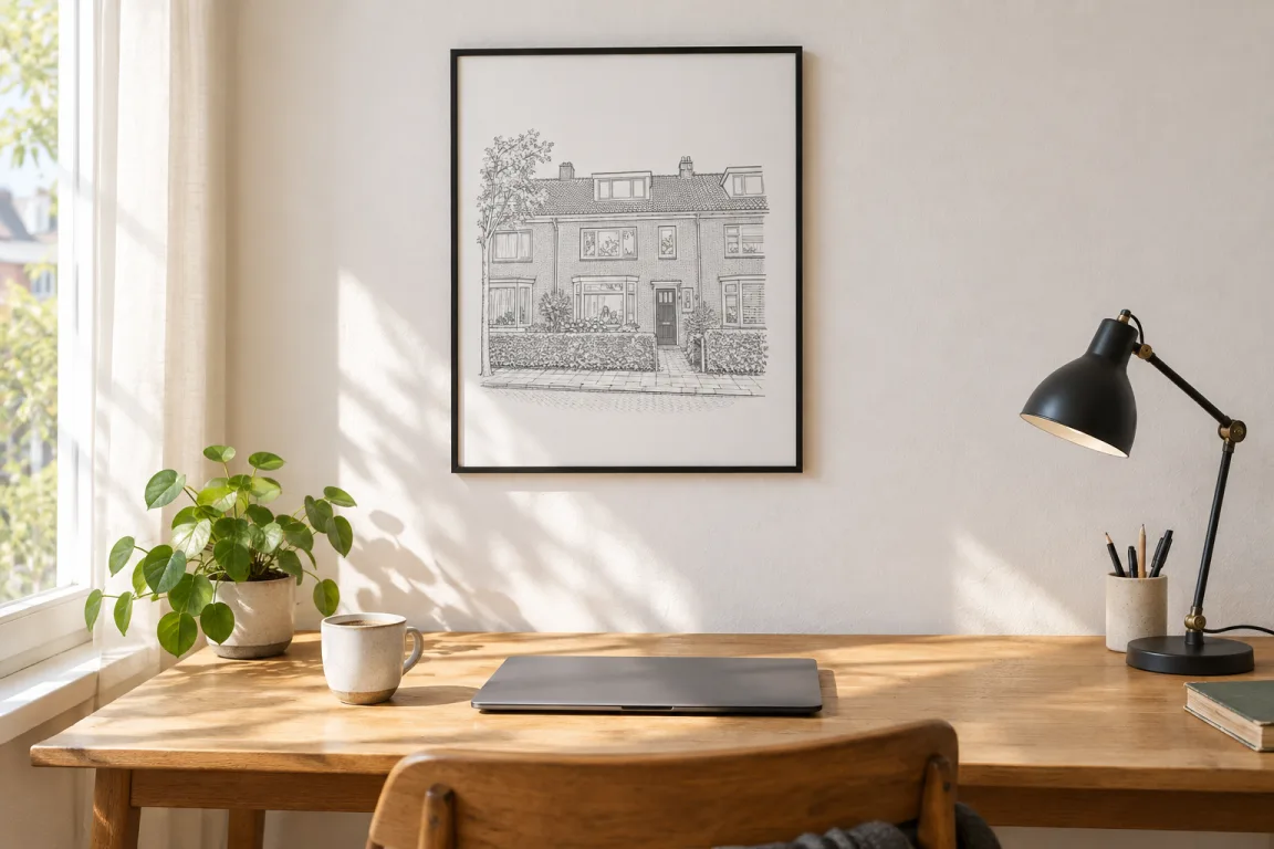 Voorbeeld: een ingelijst huisportret als lijntekening in een zwarte lijst aan de muur boven een bureau met ochtendzon