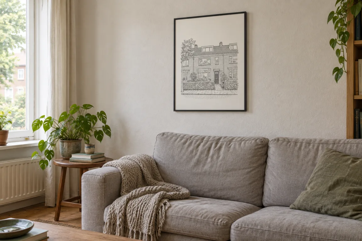 Voorbeeld: een ingelijst huisportret in een zwarte lijst aan de muur boven een grijze bank in een woonkamer