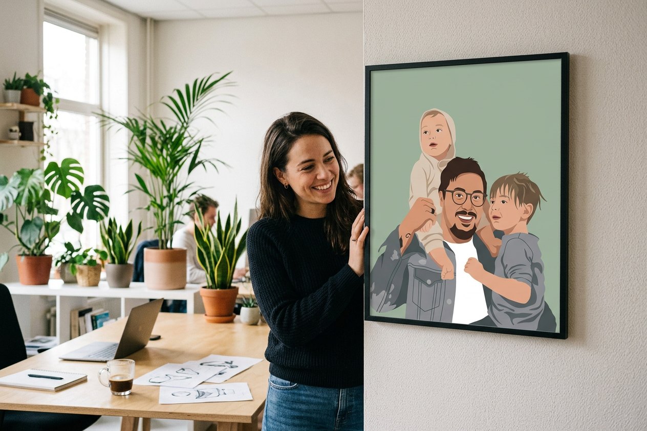 Colleague hanging a framed portrait on the office wall as a farewell gift