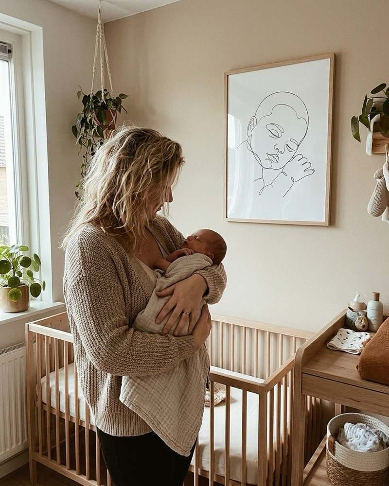 A mother with her newborn, with a personal line drawing on the wall