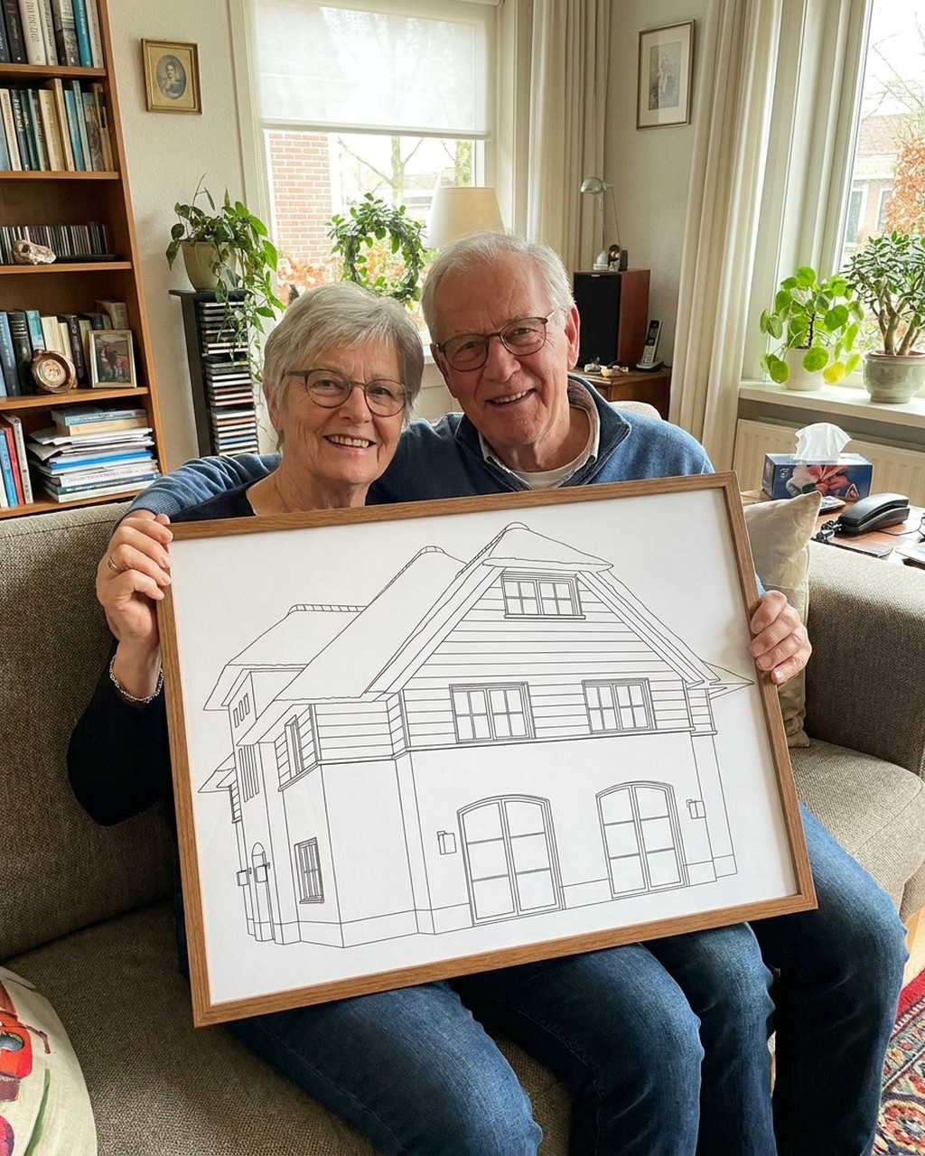 Older couple looking at a framed drawing of their home