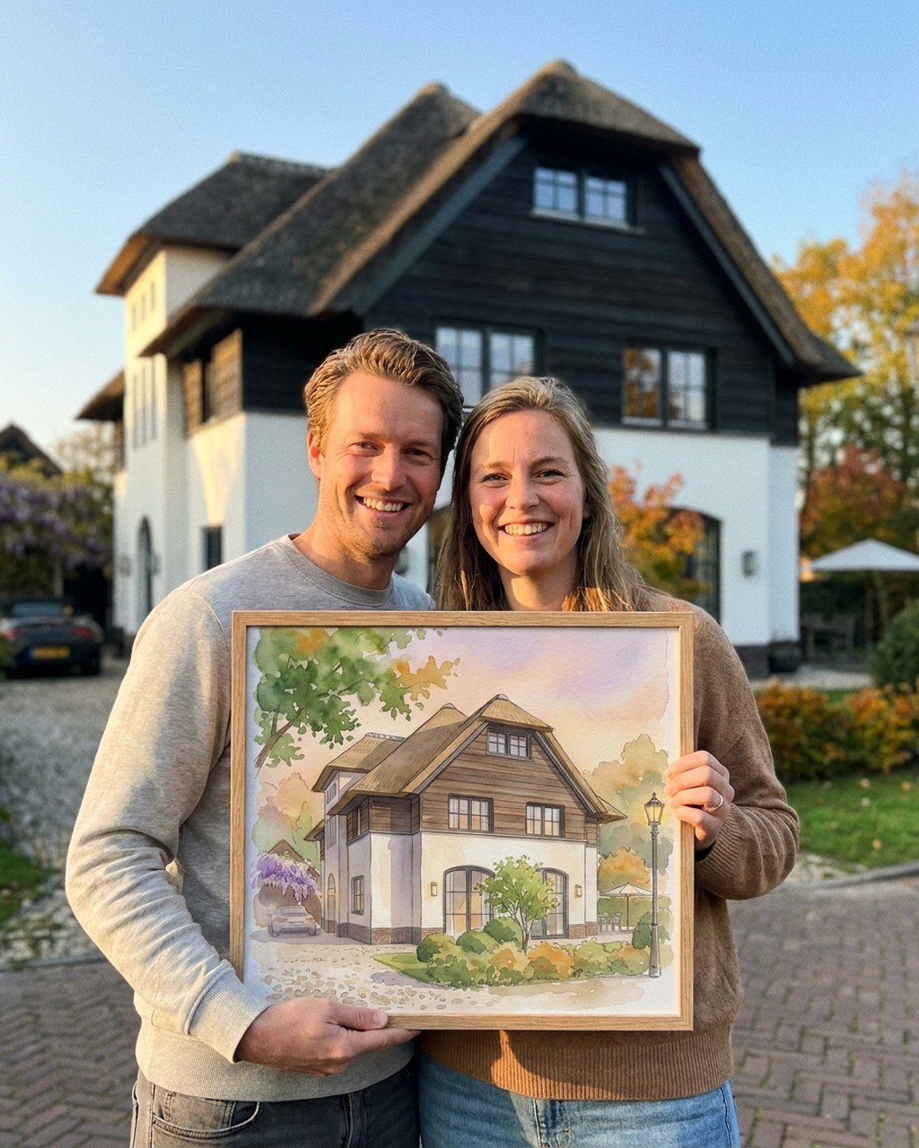 Couple in their new home with a framed drawing of the house on the wall