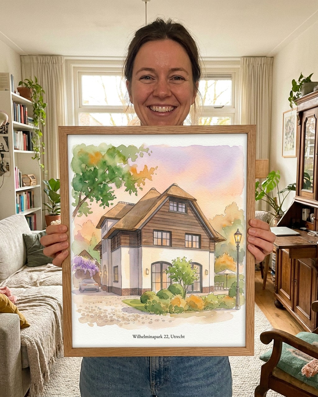 Watercolor house artwork in a real home