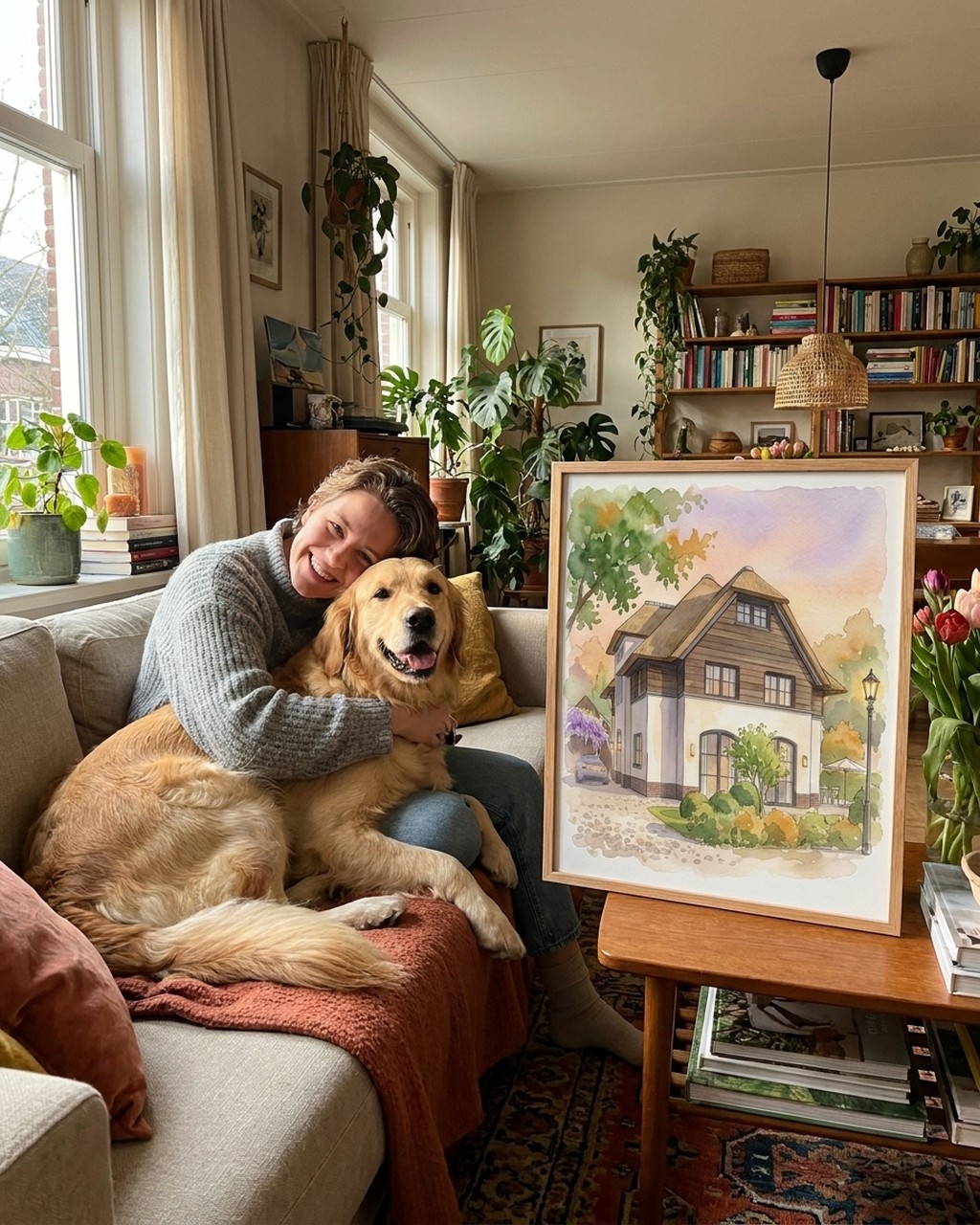 Watercolor house artwork in a real home