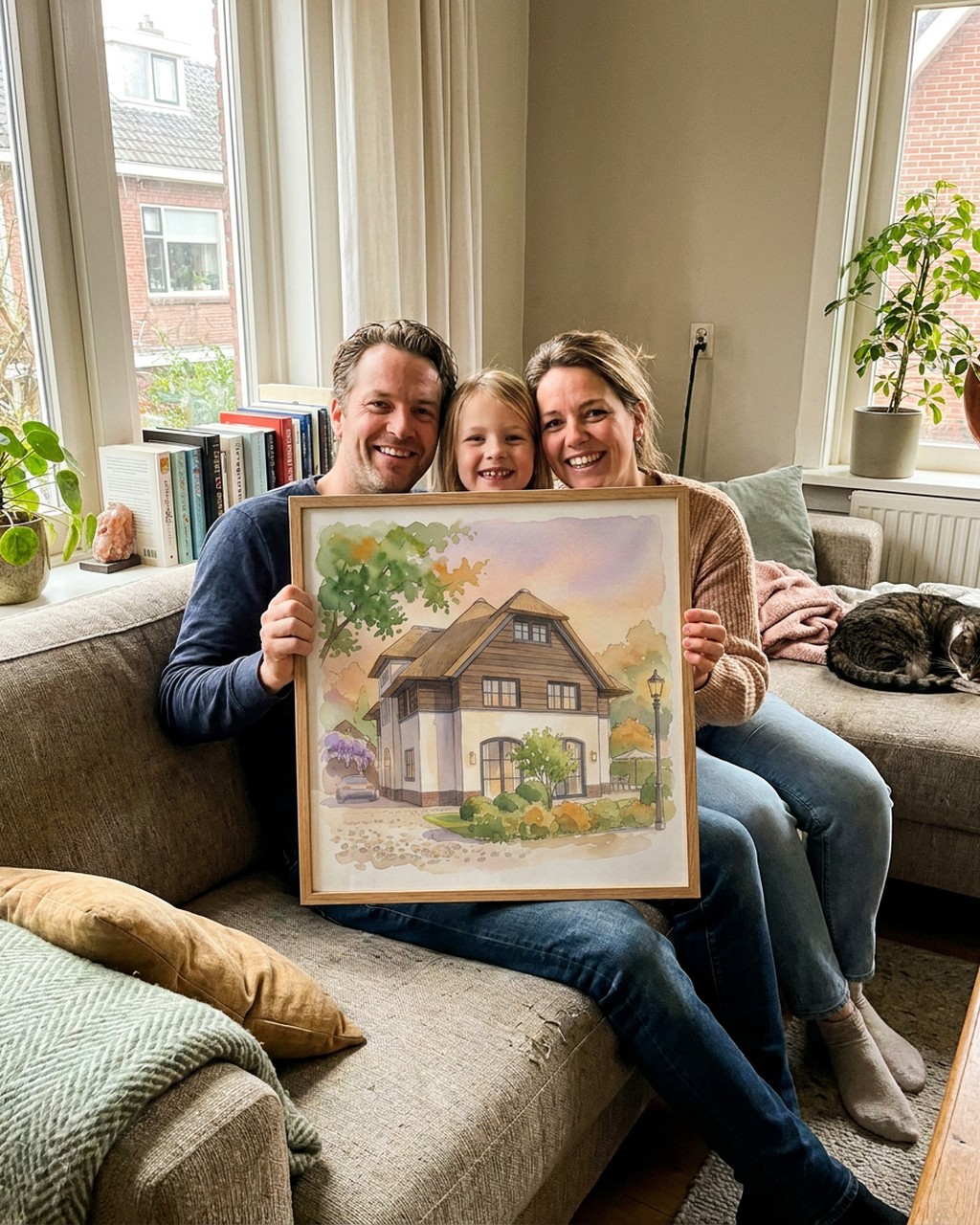 Watercolor house artwork in a real home