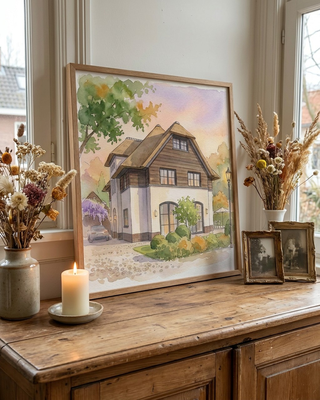 Watercolor house artwork in a real home
