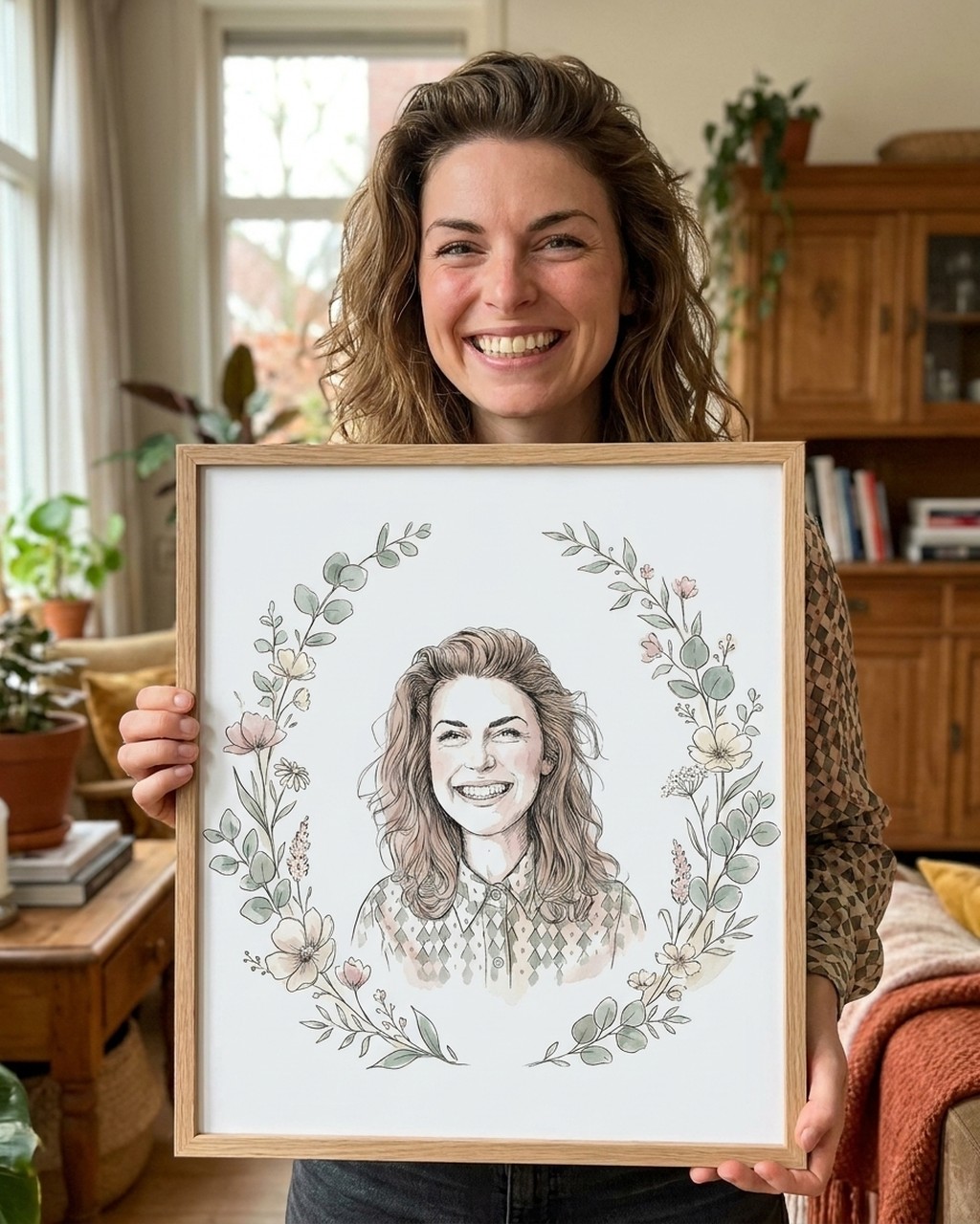 Botanische krans kunstwerk bij iemand thuis