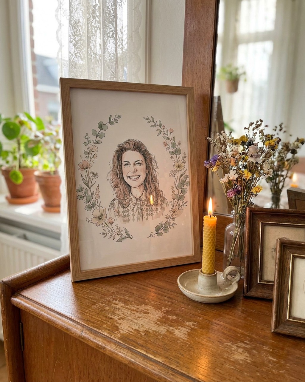 Botanische krans kunstwerk bij iemand thuis