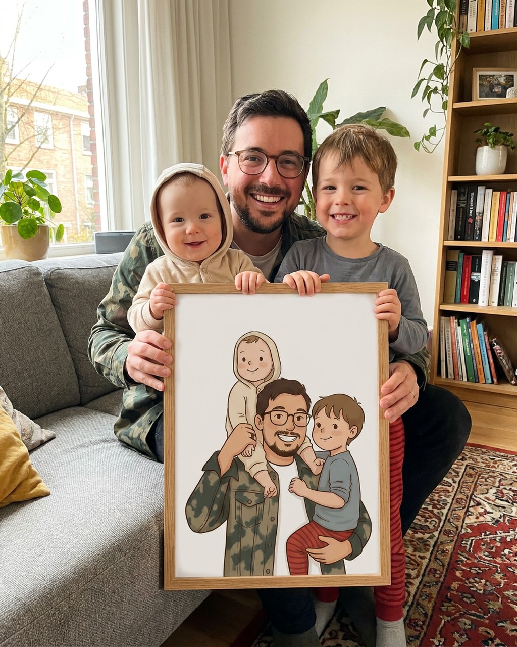 Family cartoon artwork in a real home