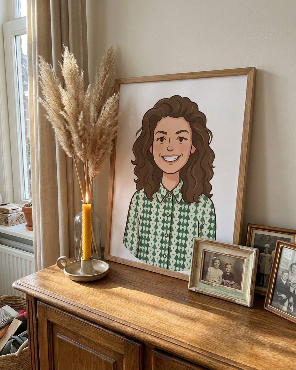 Family cartoon artwork in a real home