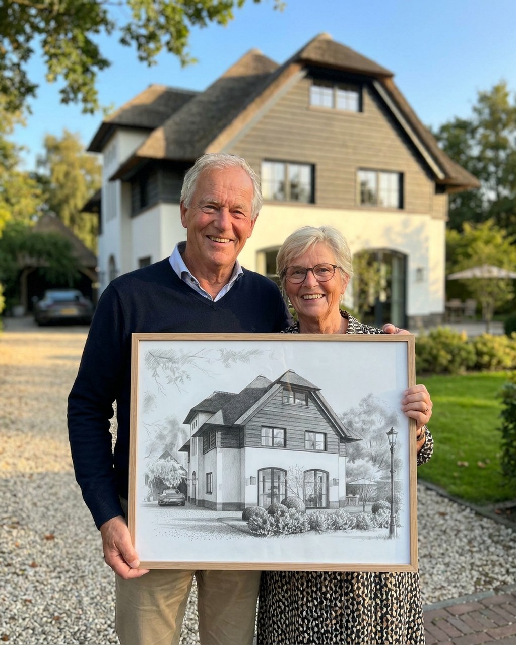 Graphite portrait artwork in a real home