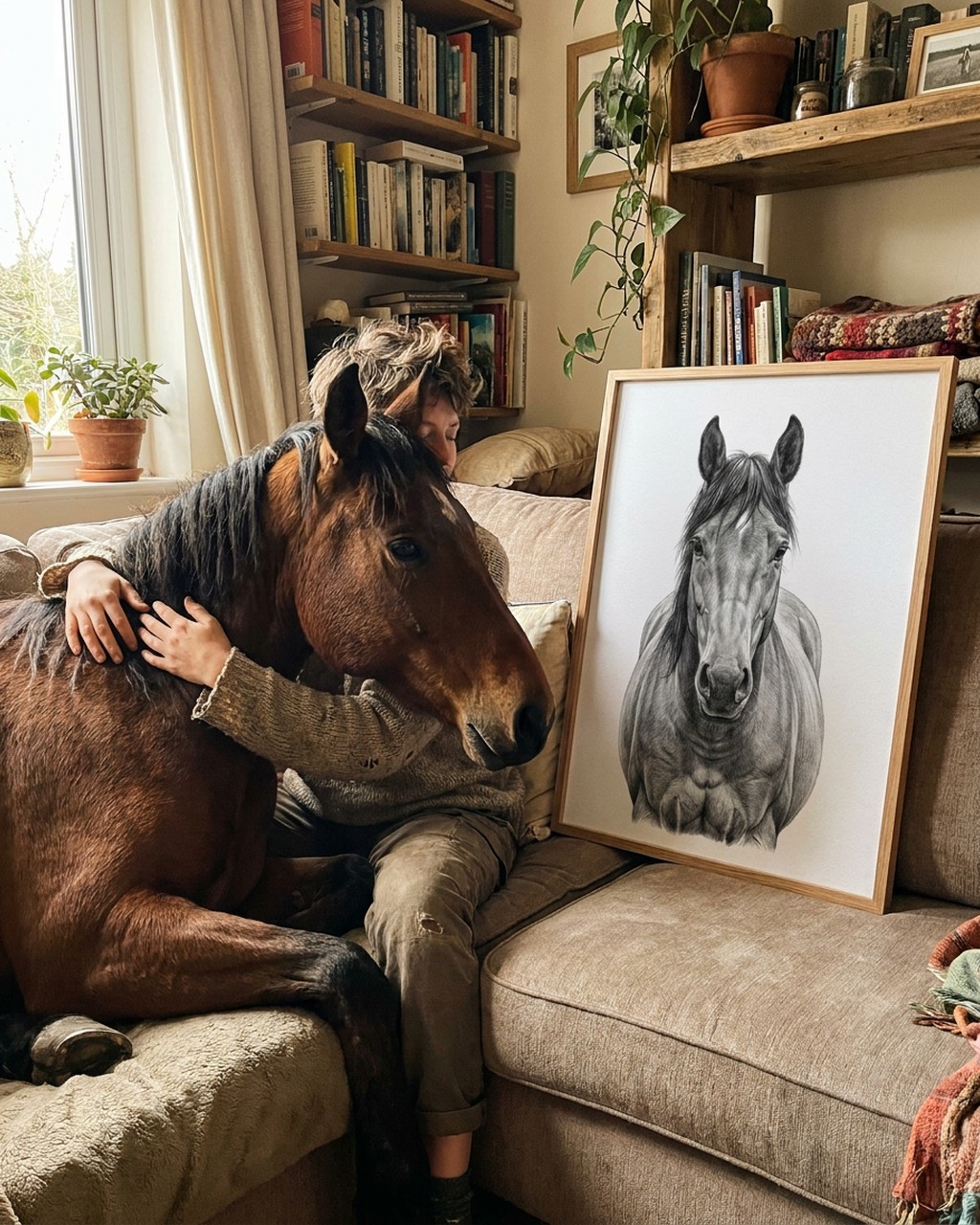 Graphite portrait artwork in a real home