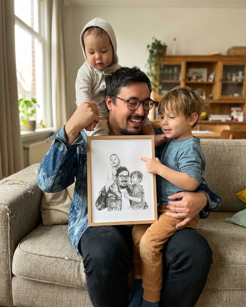 Graphite portrait artwork in a real home