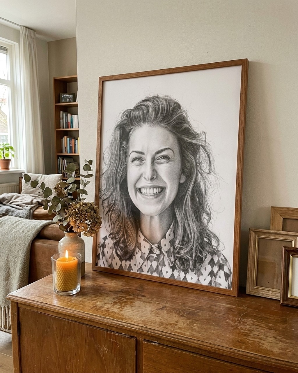 Graphite portrait artwork in a real home