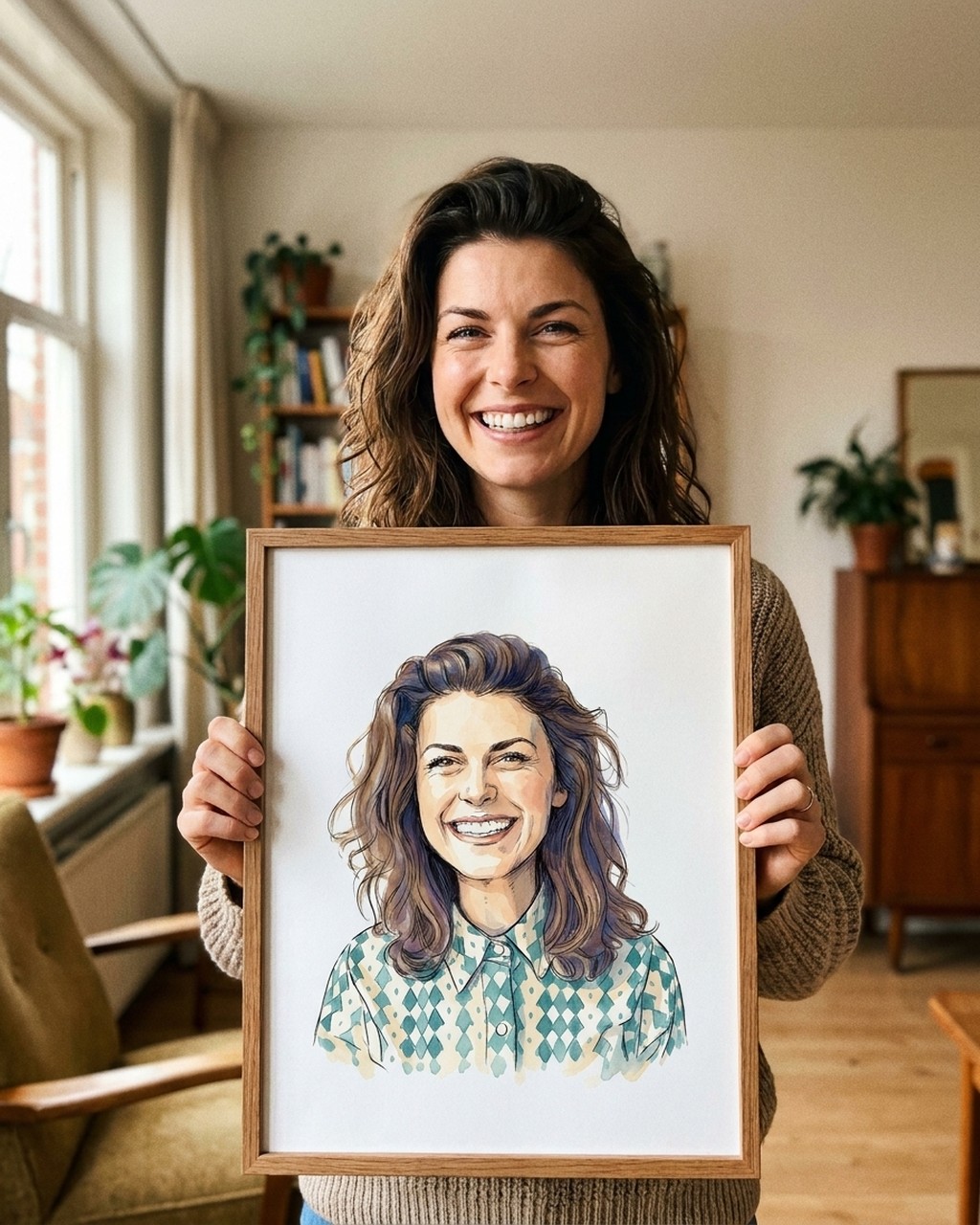 Inkt + aquarel kunstwerk bij iemand thuis