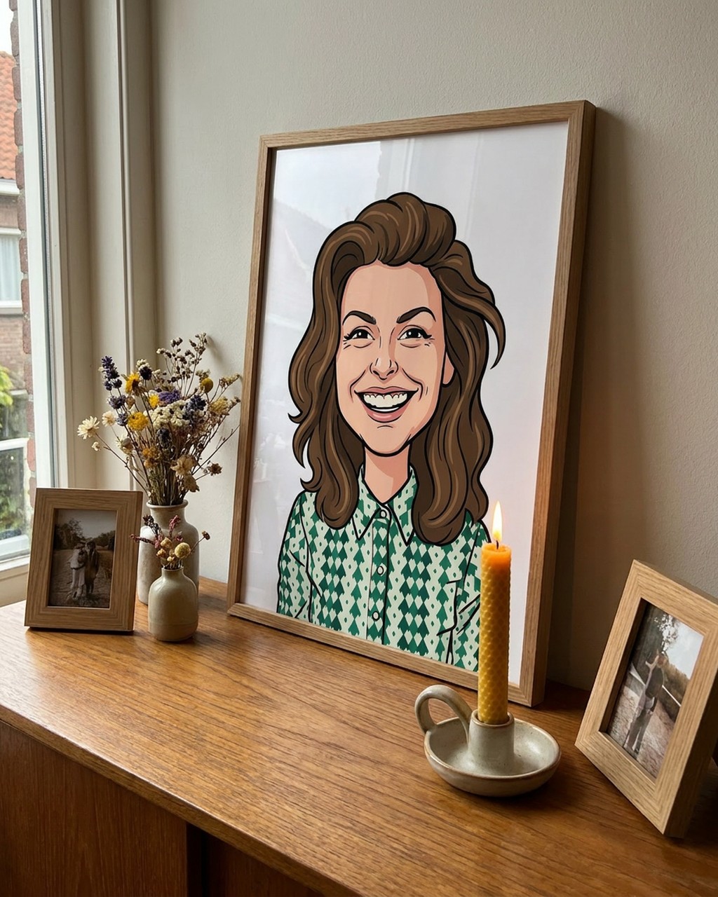 Karikatuur kunstwerk bij iemand thuis